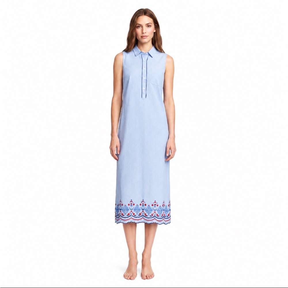 TOMMY HILFIGER Sleeveless Light Blue Embroidered Hem Dress Size Large - Picture 1 of 8